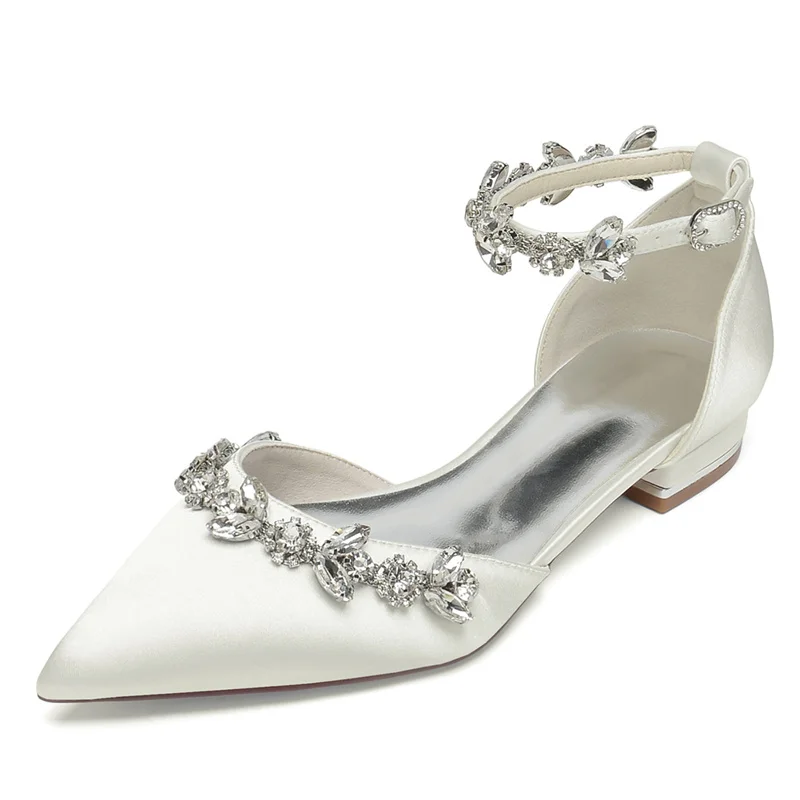 

Satin Rhinestones Wedding Flats Shoes for Bride Pointed Toe Ankle Buckle Strap Women Bridal Flat Sandals