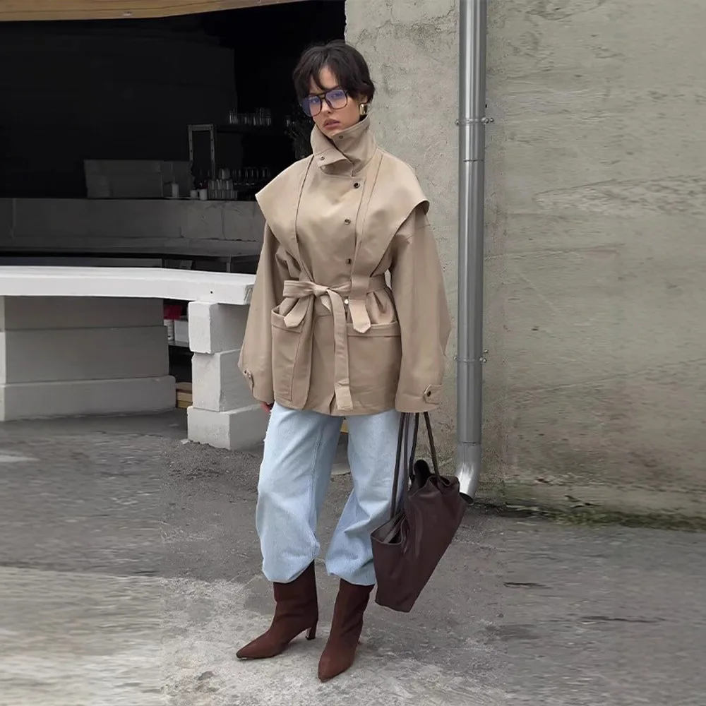 Belted Trench Women Single Breasted Notched Lapel Long Sleeve Pocket Khaki Mid Length Loose Cozy Soft Sophisticated Fall Trench