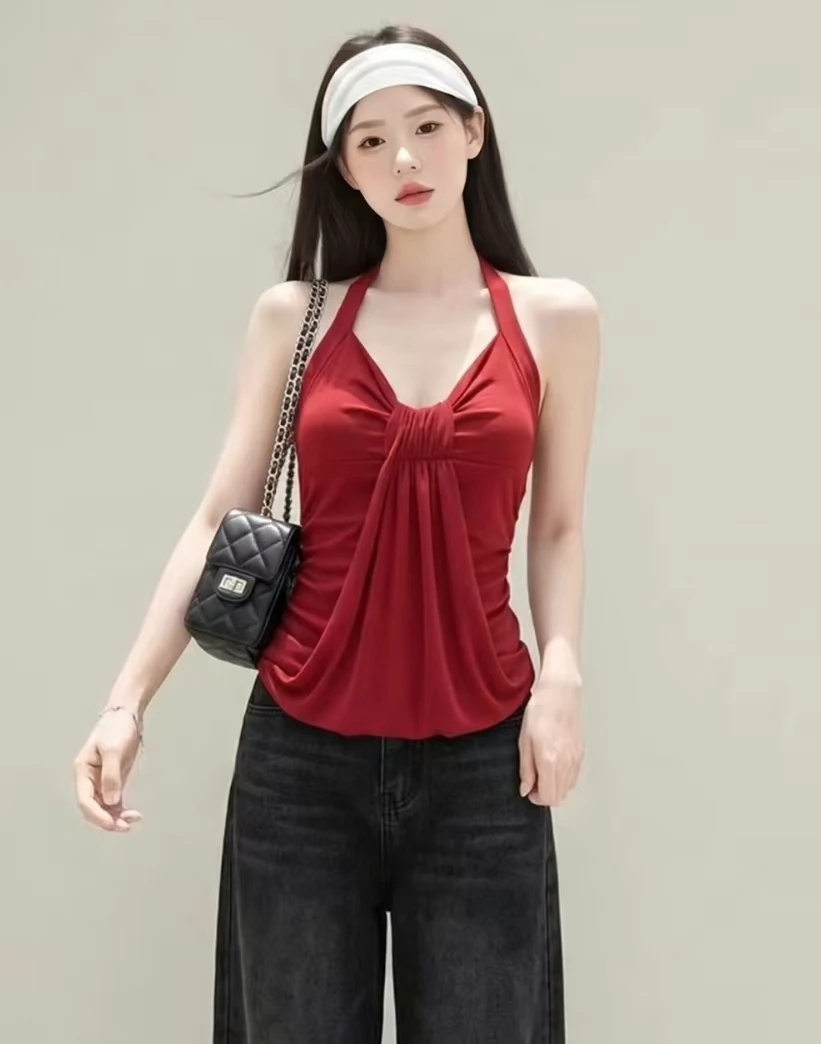 Sexy Bodycon Tank Top Women 2026 Y2K Retro Camisole Harajuku Pleated American Style Streetwear Daily Casual Fashion Wear