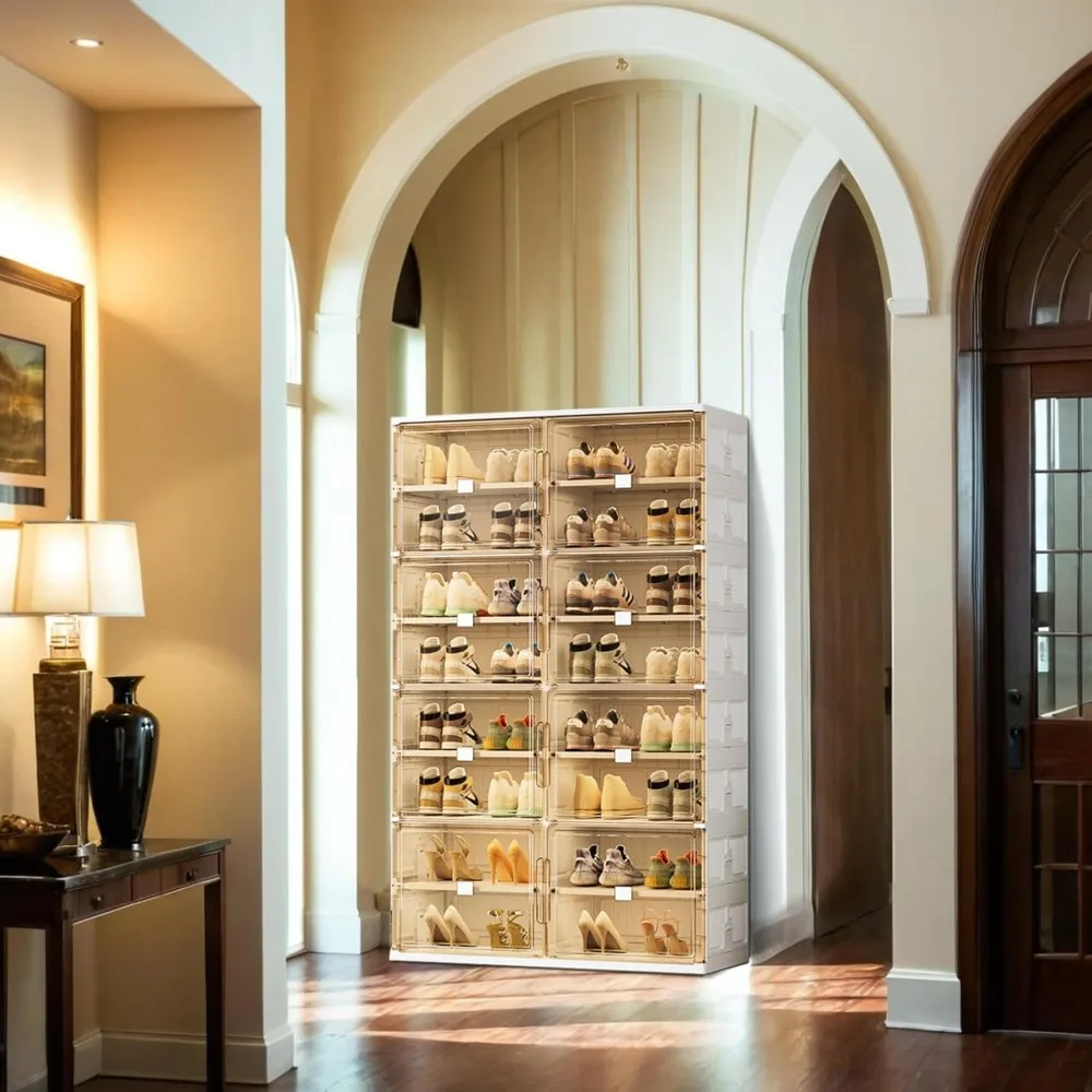 32 زوجًا من خزانة الأحذية المكونة من 3 خطوات للتركيب السريع، صندوق أحذية بلاستيكي مع باب مغناطيسي شفاف للعرض، منظم الأحذية