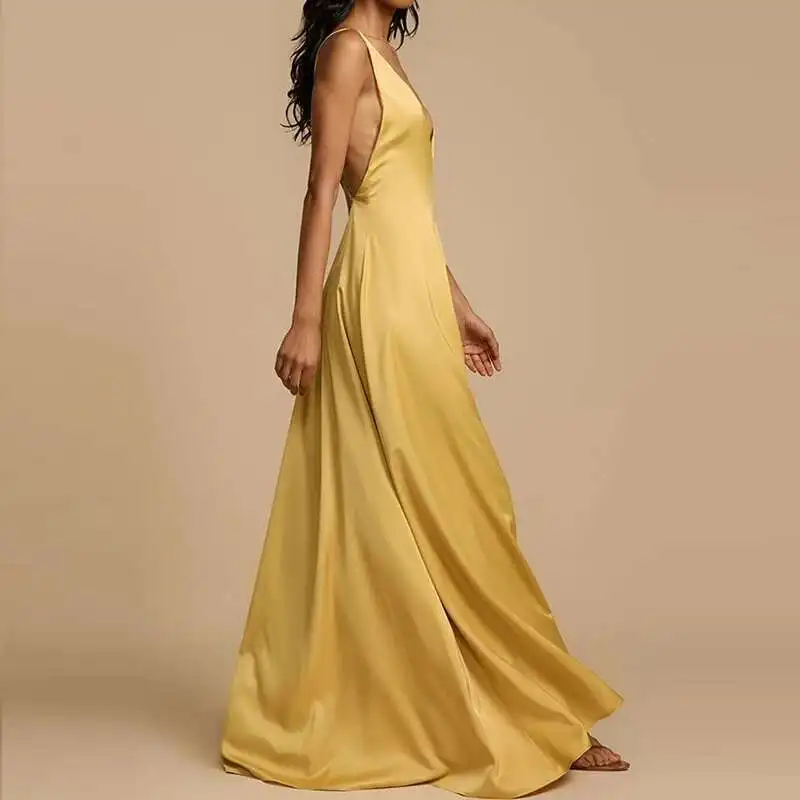Casual Summer Slim Fit Holiday Sexy Ladies Deep V Backless Satin Simple Solid Color High Waist Party Long Dress New