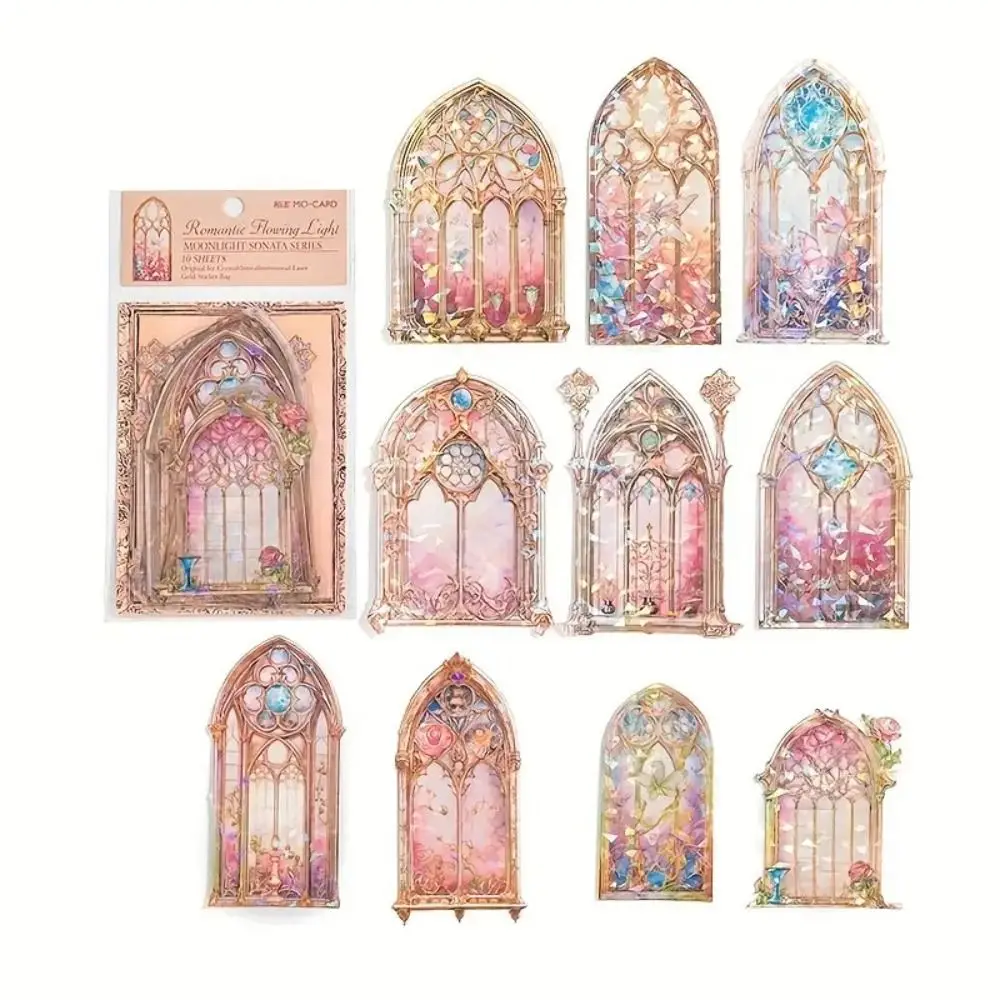 10pcs Crystal Laser Window Decorative Stickers Retro DIY Handbook Moonlight Sonata Scrapbook Stickers Vintage Creative