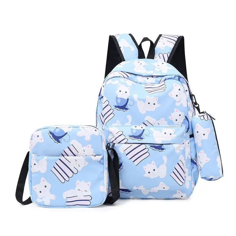 Ransel punggung kanvas motif Retro, tiga potong Set pelajar wanita