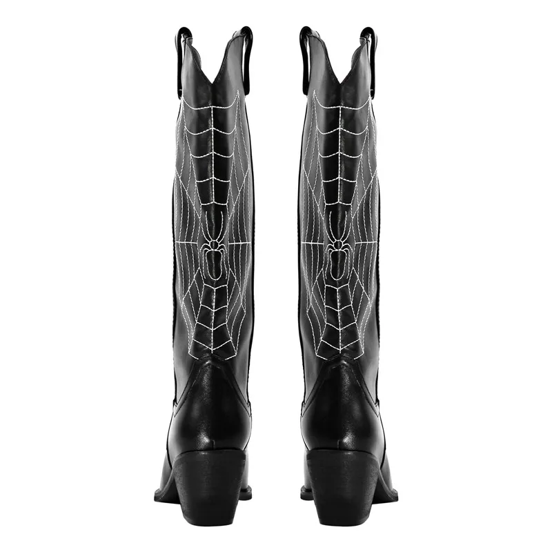 Onlymaker Women Black Pointed Toe Cowboy Boots Embroidery Spider Webs Fashion Handmade Female Mid-Calf Boots