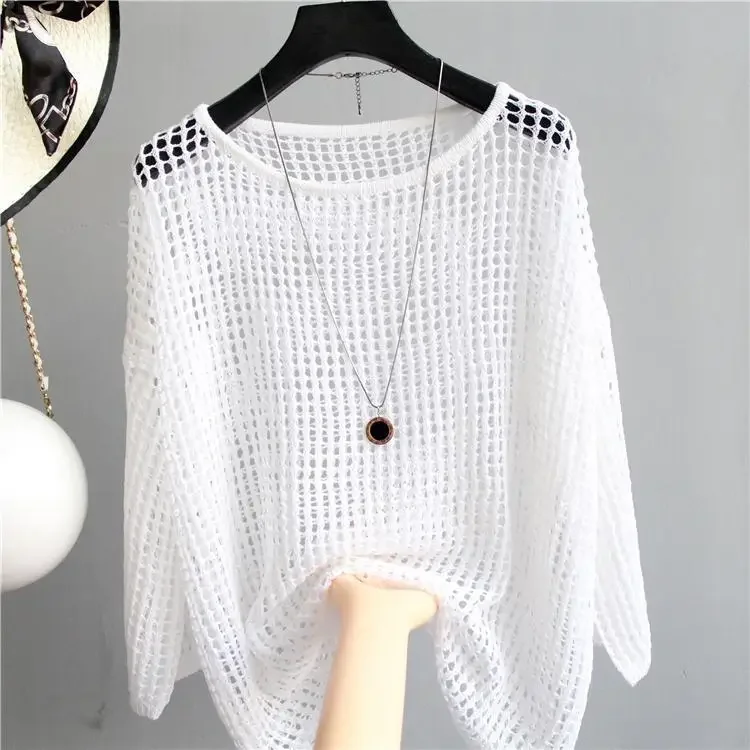 New Fashion Knitted Mesh Pullover Women Summer Autumn New Casual Ladies Elegant Hollowed Out Tops Female Cheap Wholesale