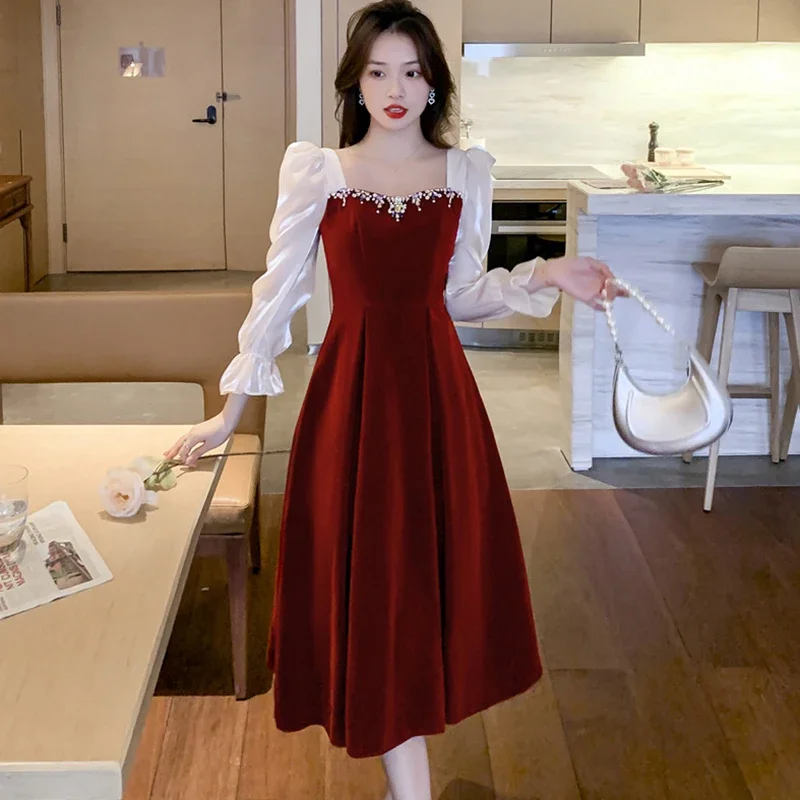 2026 Red Velvet Satin Luxury Elegant Dress for Wedding Women Spring Autumn  Long Sleeve Bodycon Dress Korean Vintage Party Dress - AliExpress 200000345