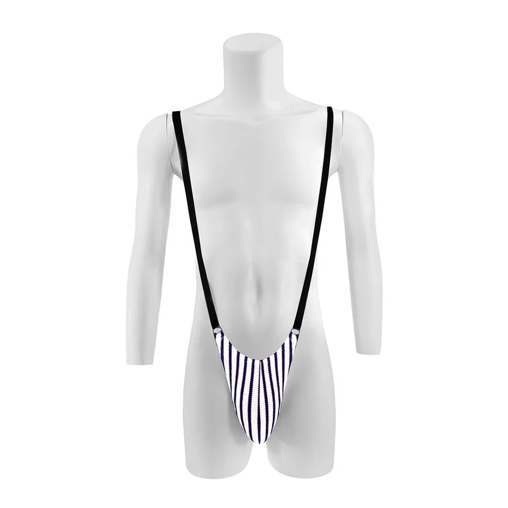 Men's Striped Thong Bodysuit With Bulge Pouch Suspender Shoulder Strap One-Piece Underwear G-String For Daily Wear