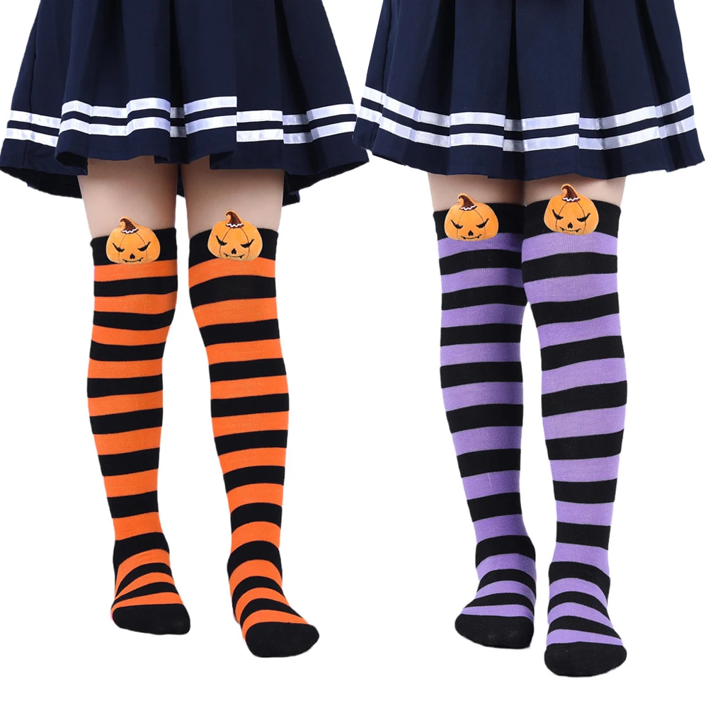 Kids Halloween Party Stockings Pumpkin Over Knee High Socks Striped Long Socks Multi-colors Warm Socks for Children Girls Boys