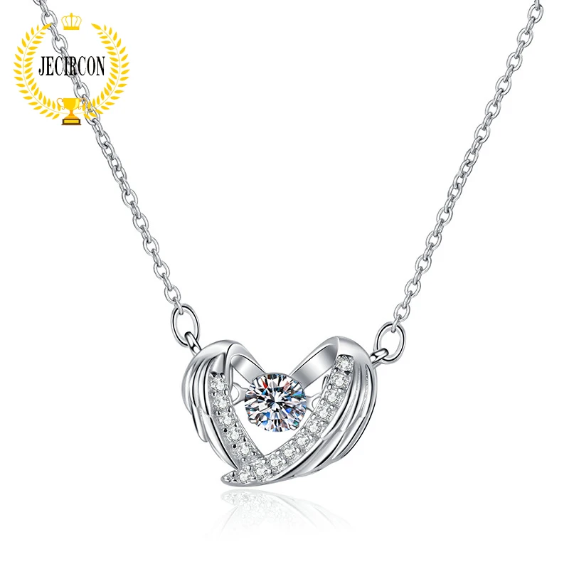 JECIRCON D Color 0.3 Carat Moissanite Necklace for Women 925 Sterling Silver Guardian Wings Beating Heart Pendant Fine Jewelry