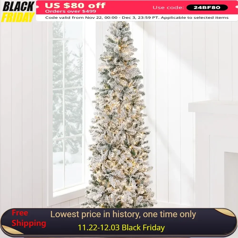 Flocked Pencil Christmas Tree, Pre-Lit Slim Artificial Holiday Decoration, 12ft Lighted Skinny w/Base, Warm White Lights