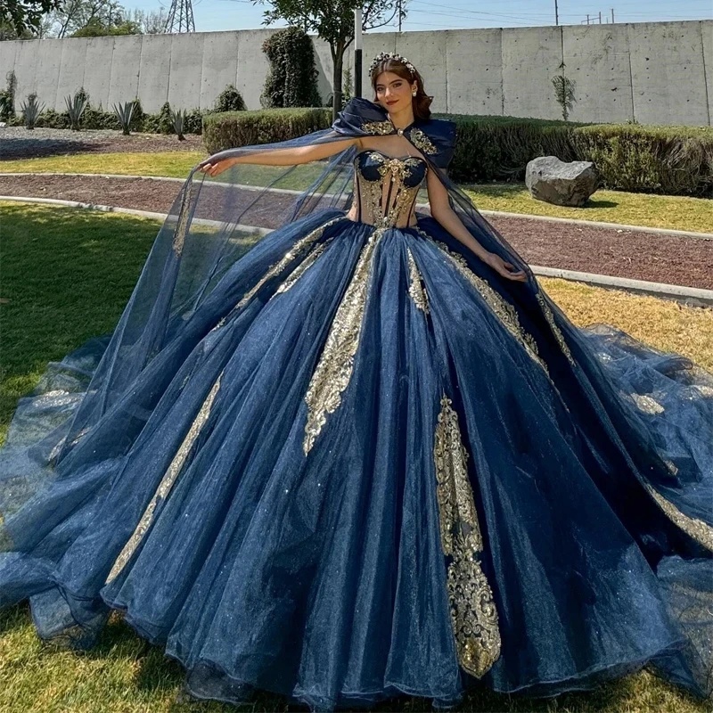 

Sparkly Navy Blue Princess Quinceanera Dresses with Cape Off Shoulder Gold Applique Beading Tull Corset vestido de 15 quinceañer