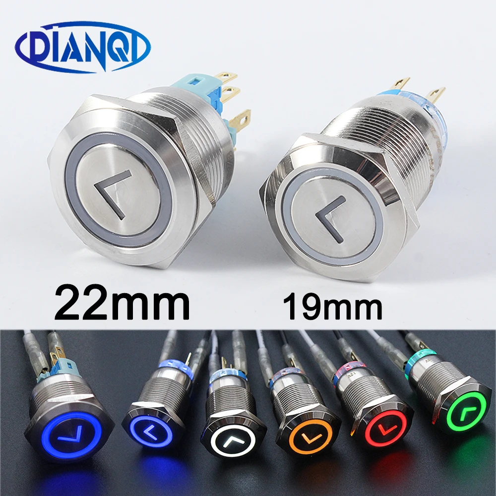 19mm22mm Metal Latching Momentary Horn Push Button Switch LED Lighting Car Auto Power 3V 6V 12V 24V 220V Waterproof arrow L type