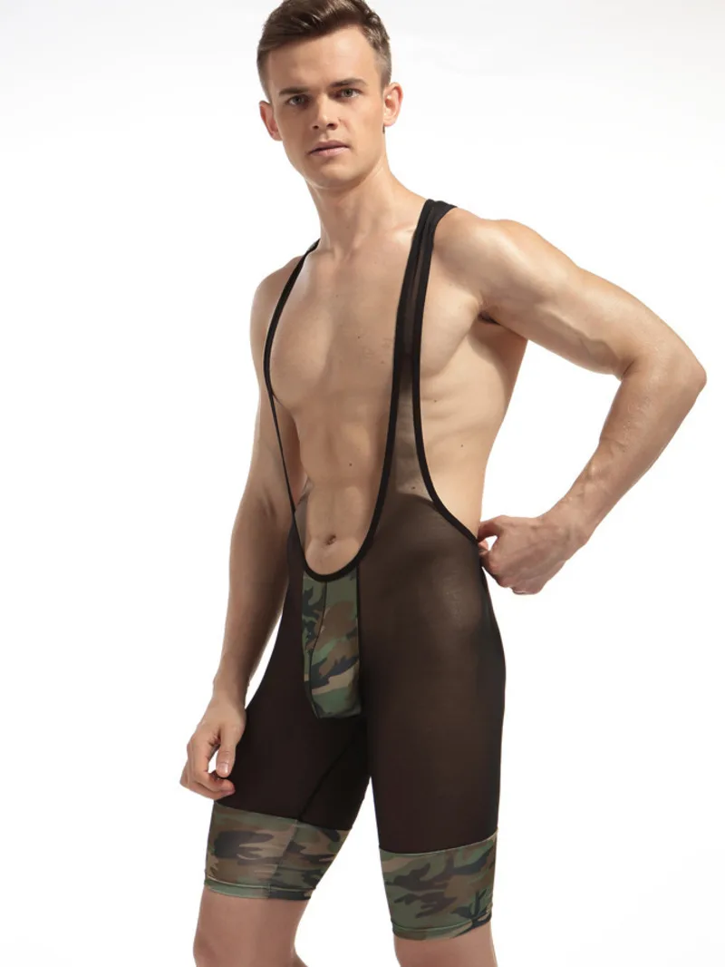 New Men's Underwear Transparent Jumpsuit Shorts Suit Soft Camouflage Mesh Swimsuit Boxer One-piece Performance Costume Mesh 0QEA