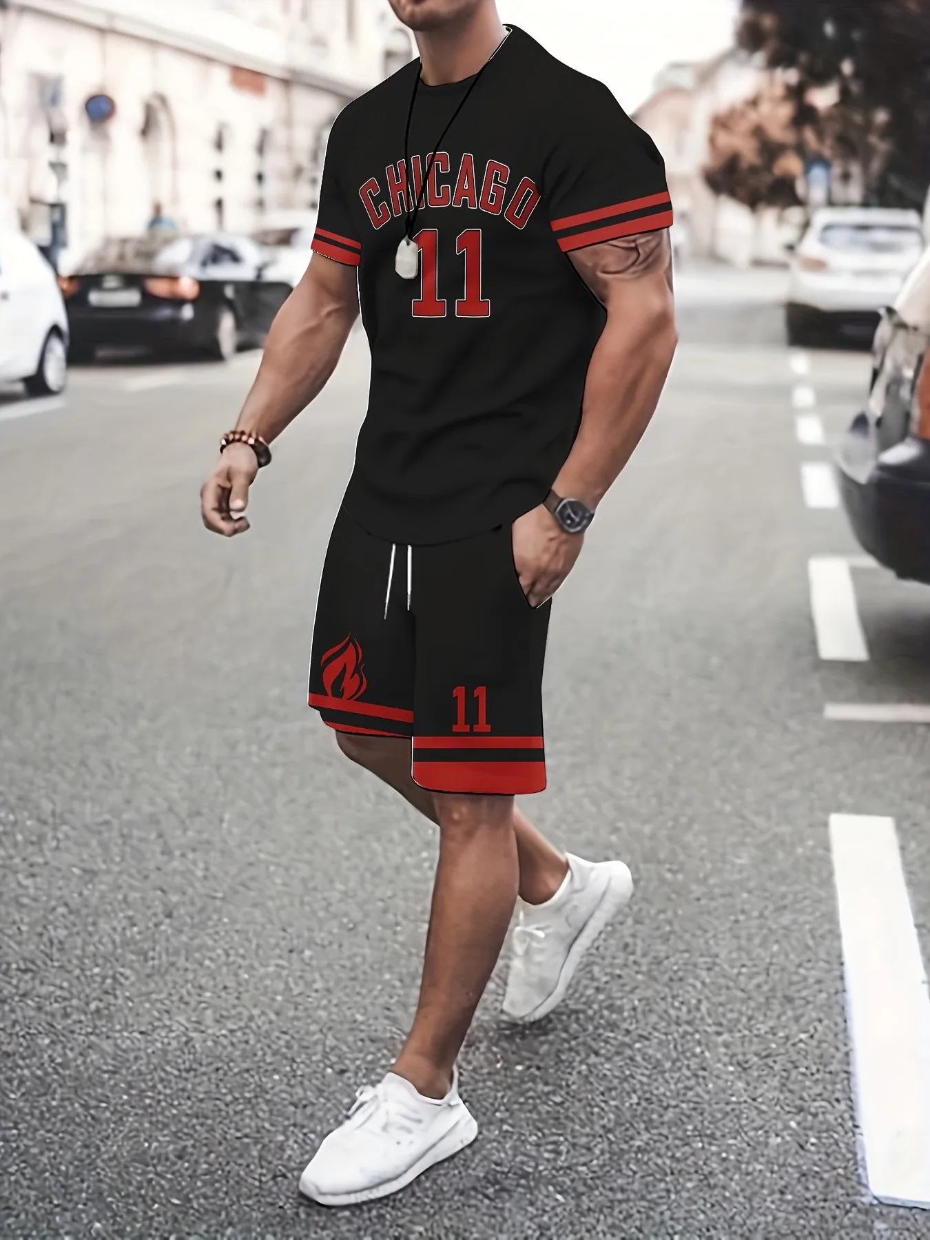 

Summer Men's New Basketball Training 11 Printed Soft, Comfortable, Breathable Round Neck T-shirt Shorts Set Outdoor Sportswear