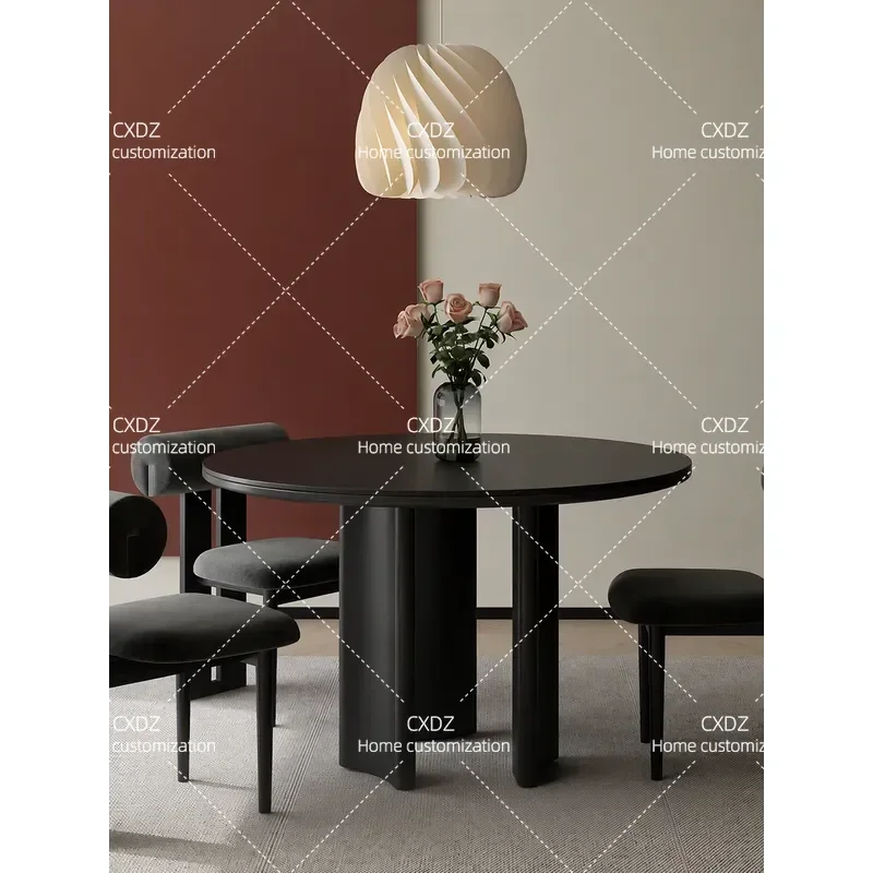 Italian Simple Round Dining Table Nordic Solid Wood Small Apartment Restaurant Table with Rock Slab Countertop Compact Design