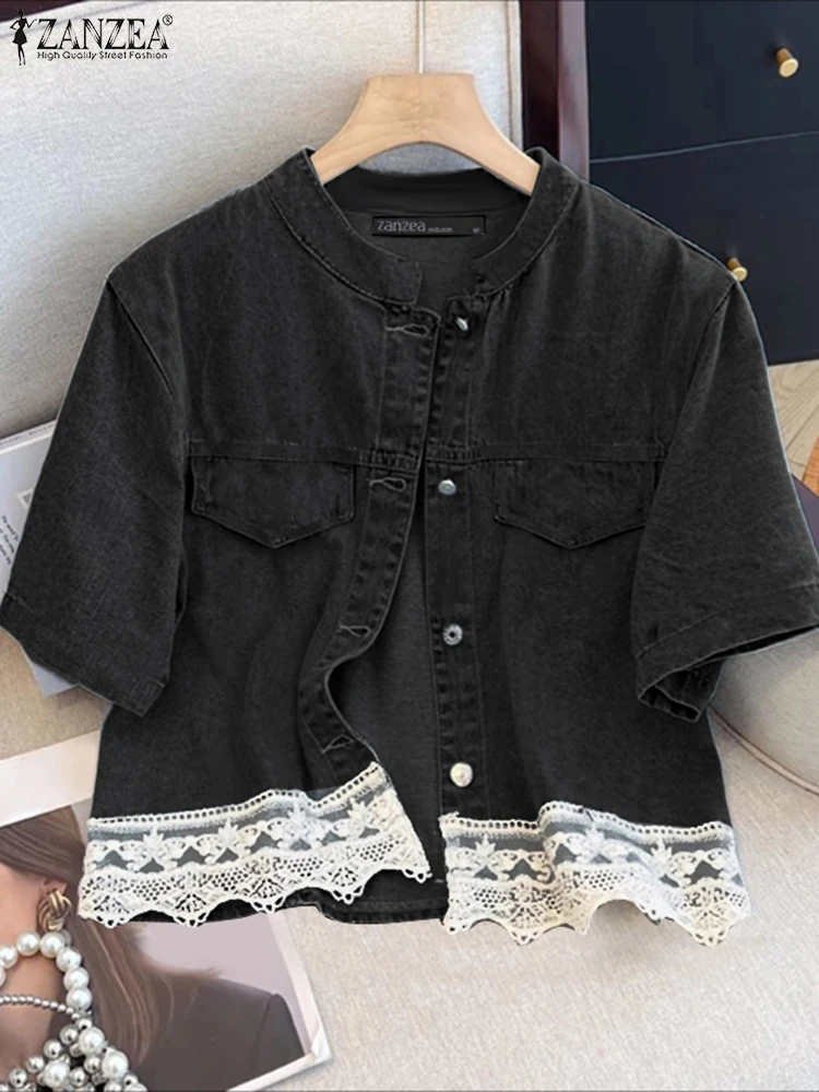

ZANZEA Women Shirts Lace Patchwork Tops Summer Short Sleeve Denim Tunic 2025 Fashion Pockets Solid Color O-Neck Blusas S-3XL