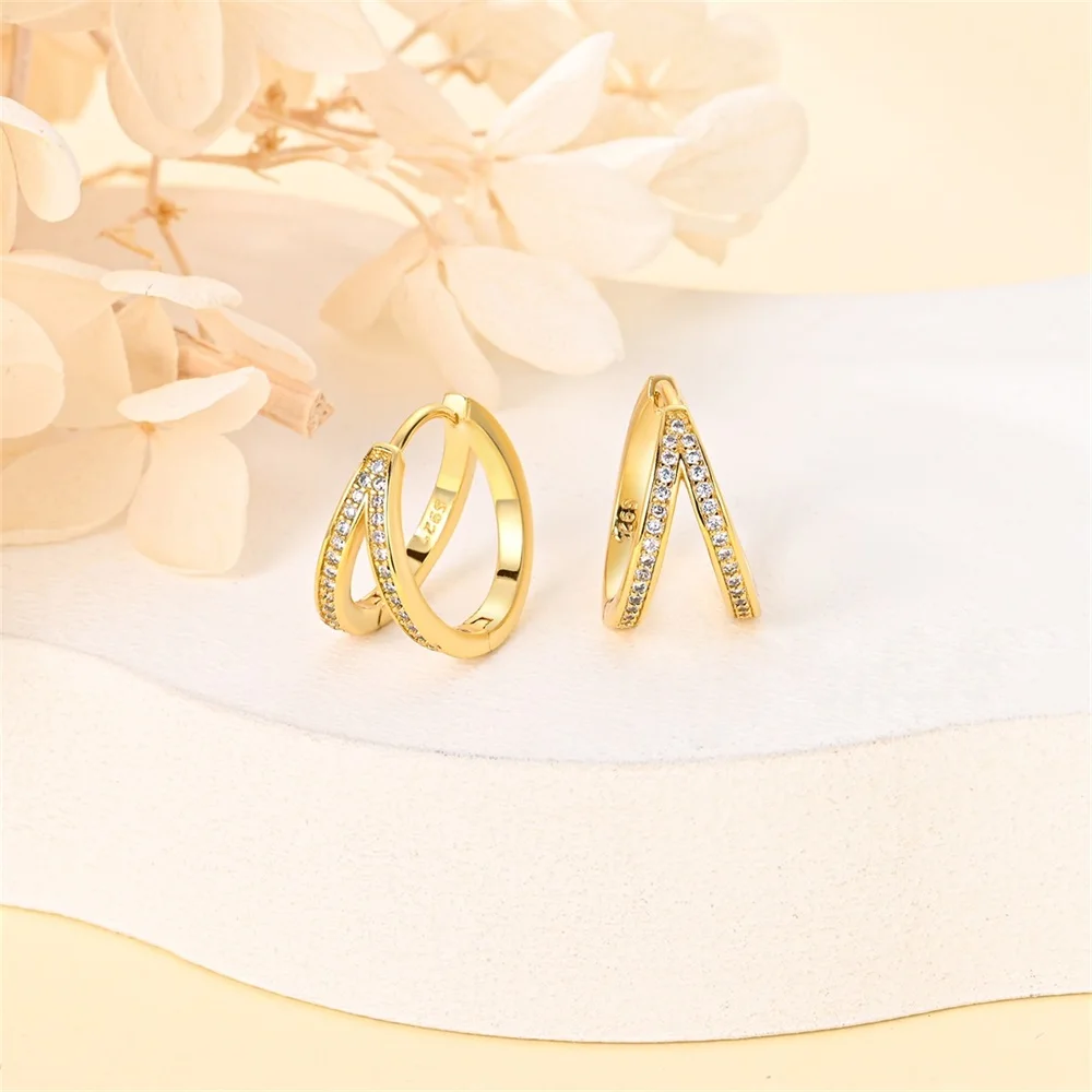 Unique 925 Sterling Silver Set Pavé Double Round K Gold Earrings For Women\'s Birthday Exquisite Jewelry Gift