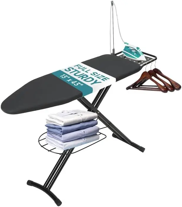 

Full Size Ironing Board 43x13 Inches, Adjustable Height with Garment Rack and Iron Rest, Foldable Heavy Duty Design