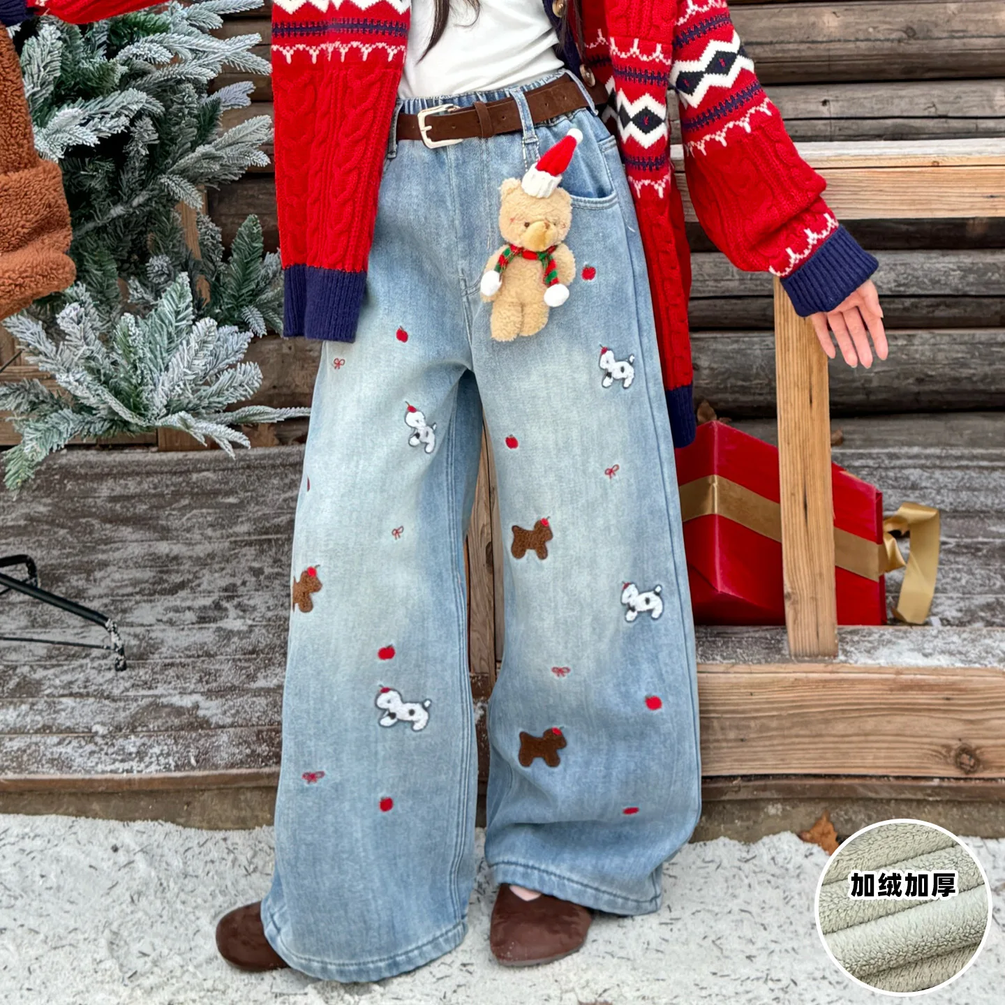 

winter teen girls Thick Velvet jeans kids Embroidery dog Wide Leg Cowboy Pants child Christmas Cartoon Casual Long trousers 4-14