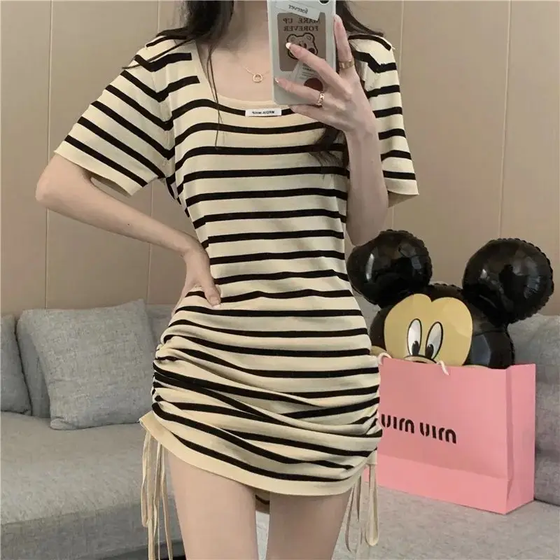 

Drawstring Striped Mini Dress Summer New Short Sleeve Lacing Slim All-match Pleated Sweet Dresses Fashion Vintage Women Clothing