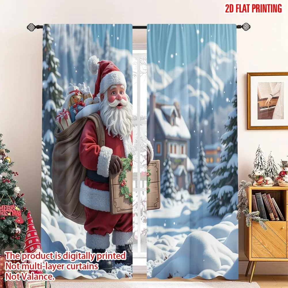 2pcs 2D flat printing Christmas Party Curtain Santa Claus Merry Christmas Gift_a Fabric Without Electricity Festive Holiday