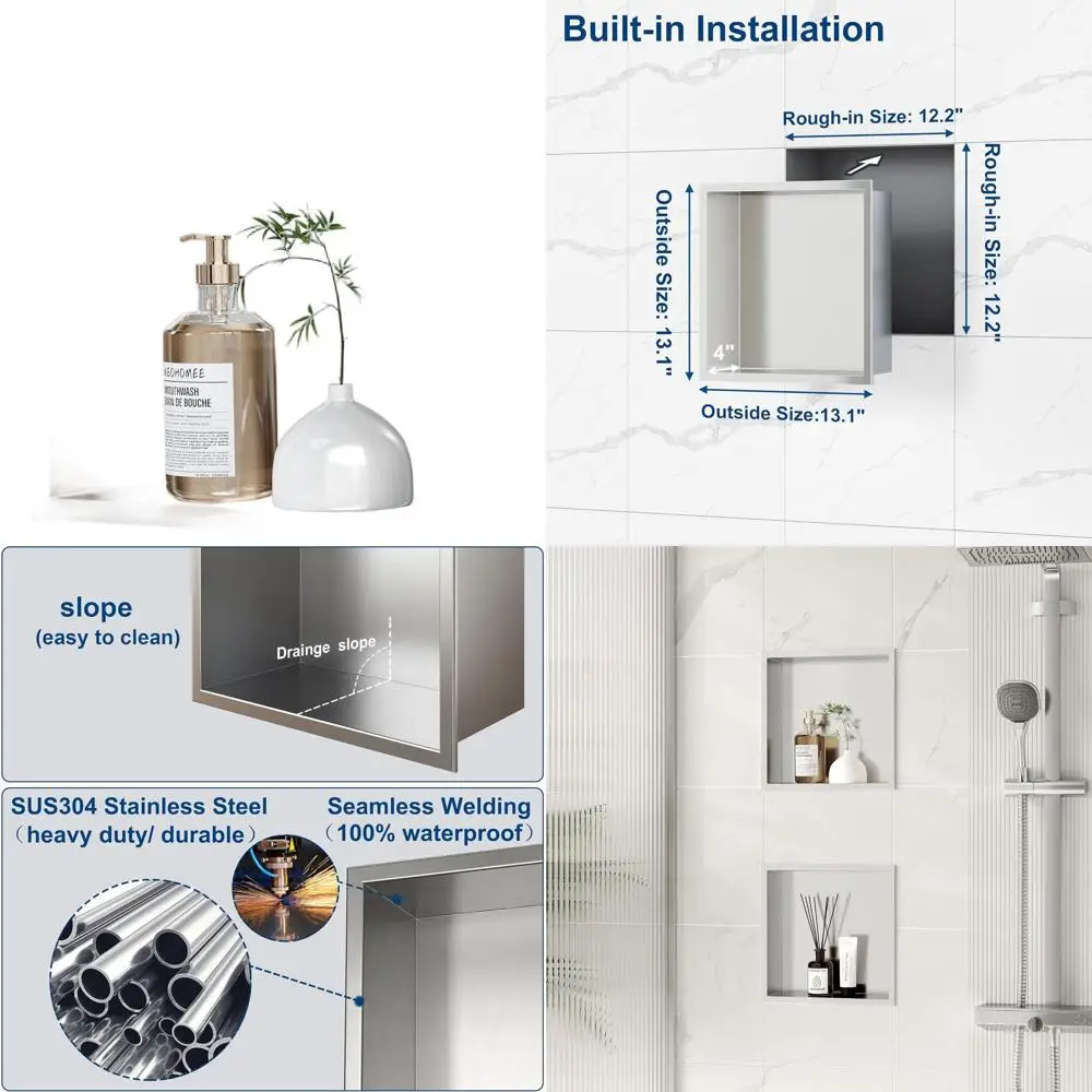 

12x12 Inch Recessed Shower Niche, Stainless Steel Wall Insert for Bathroom Storage, No Tile Required