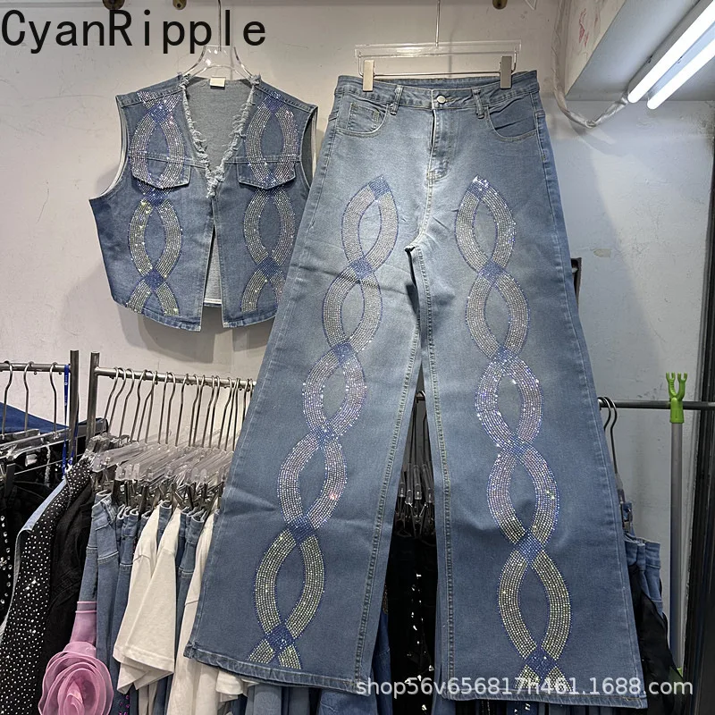 

Высококачественные женские комплекты из двух предметов, новые весенние жилеты без рукавов с бриллиантами, пальто + модные свободные джинсовые брюки с высокой талией