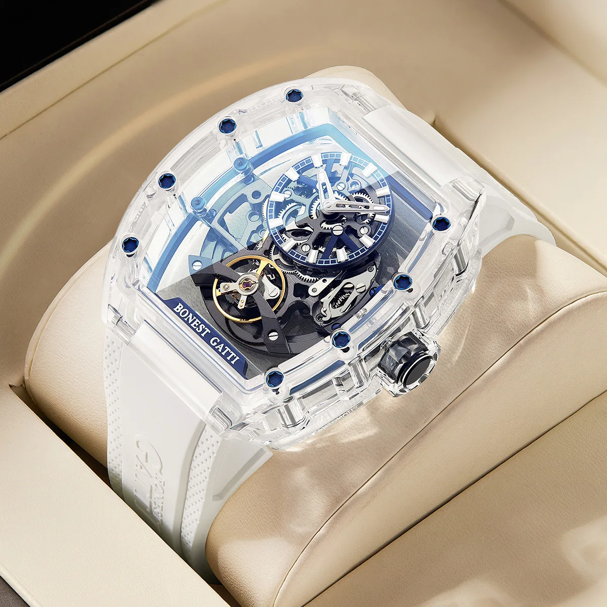 

BONEST GATTI New Men Automatic Watch Tonneau Mechanical Wristwatch Acylic Case Sapphire Lume Hollow Out Dial watch for men