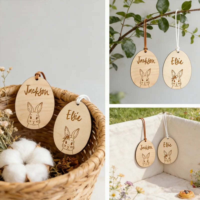 Personalized custom rabbit Bunny 2025 happy Easter party Egg Hunt basket Bucket bag Name Tag Ornament family kid boy girl gift