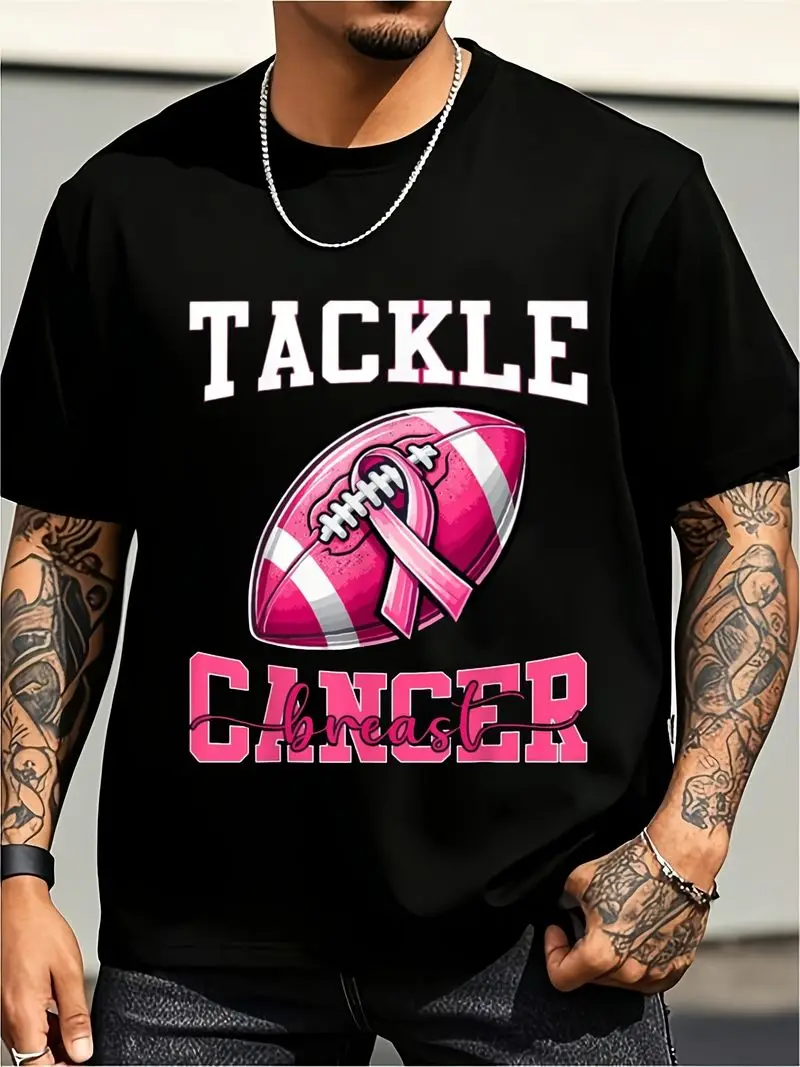 Tackle Breast Cancer Football Pink Ribbon Cancer Awareness T-Shirt Plus Size Retro Casual Round Neck Printed Tee Unisex Gift