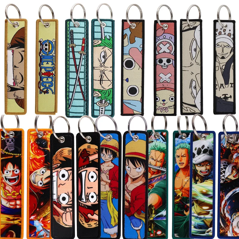 Anime One Piece Etikett-Schlüsselanhänger Luffy Zoro Actionfiguren Gewebtes Stoffetikett Schlüsselring Zubehör für Auto Tasche Schlüsselanhänger Spielzeug Geschenk