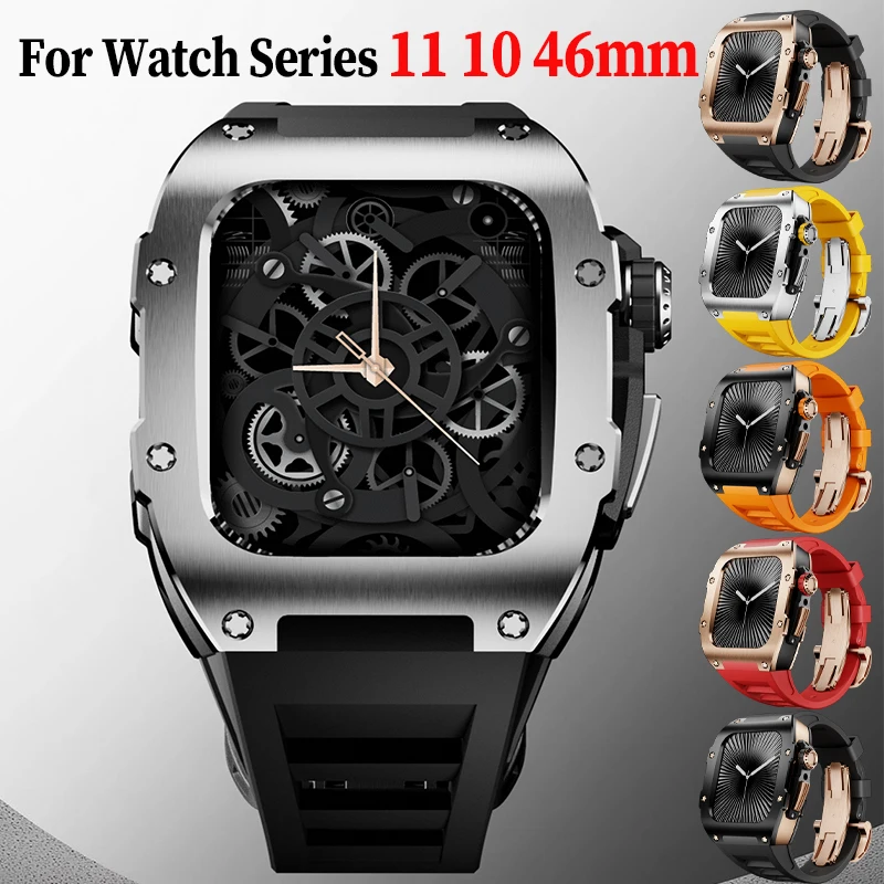 

Для Apple Watch Series 11 10 46 мм Защитный чехол из нержавеющей стали Роскошный комплект модификации Модный силиконовый ремешок для iWatch 46 мм