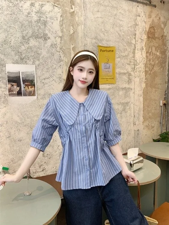 

Loose Fitting Korean Style Shirt Slimming Waist Short Sleeve Doll Collar Striped plus Size Summer High End Feeling Anti-Aging...
