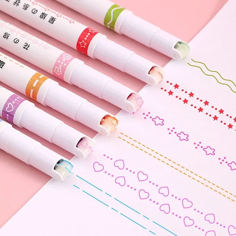 6Pcs/Set Flower Line Shape Highlighter Pen Roller Tip Curve Liner Marker Kawaii Korean Stationery School Office Supplies Gifts