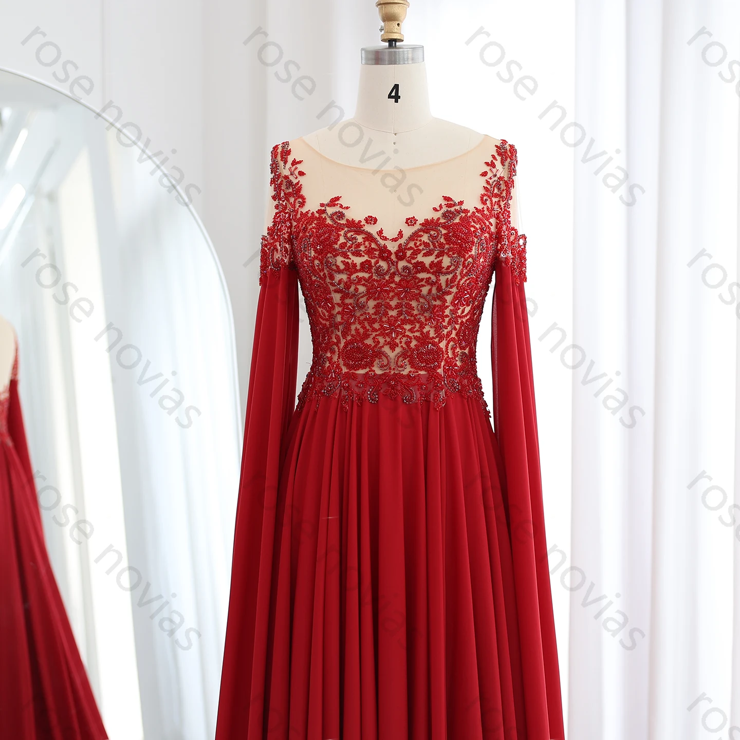 Wysokiej jakości elegancka sukienka wieczorowa w kolorze arabskiego czerwonego wina z szyfonu, zdobiona koralikami, z rękawami typu cape, idealna na przyjęcia weselne, model SS298, możliwość personalizacji.