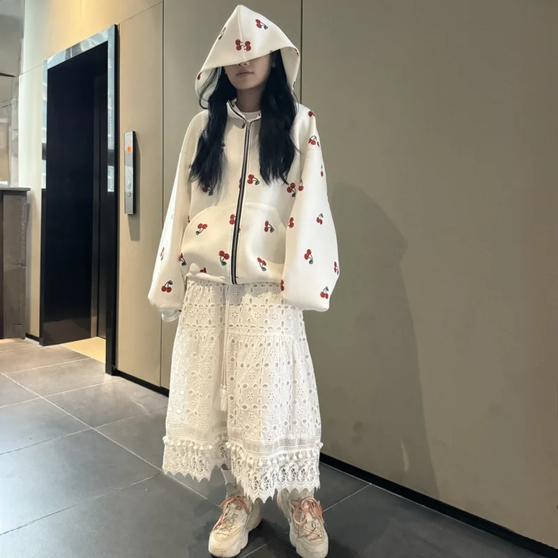 Autumn Cherry Pattern Printed Women Hoodie Sweatshirts Loose Fit Outdoor Sports Jacket Coat Advanced Fabric 24-hour Shipping