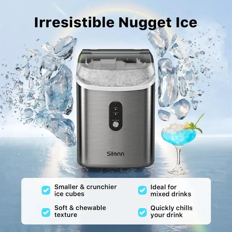 Silonn Nugget Countertop Sonic Ice Maker for Home Kitchen Office-Chewable Pellet Ice Machine with Self-Cleaning,