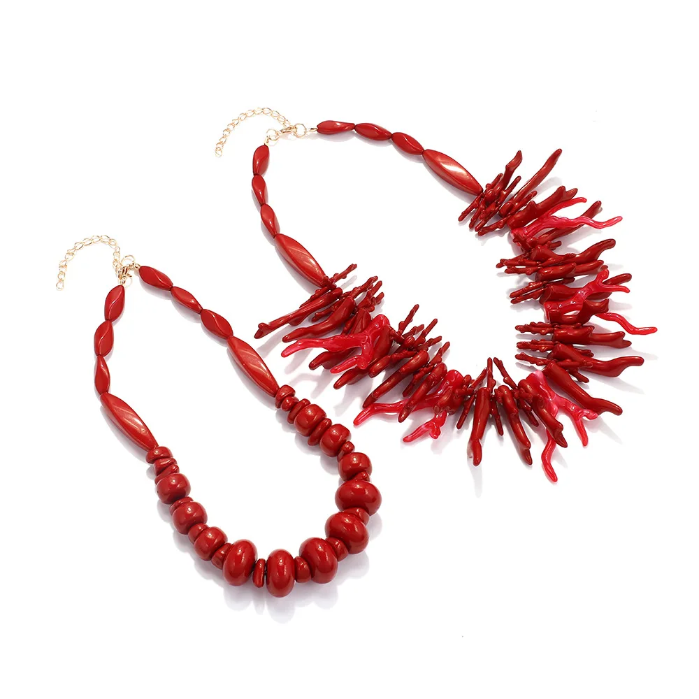 2024 New Vintage Red Coral Earrings Necklace for Women Boho Style Statement Retro Indian Jewelry Choker Necklaces Gifts