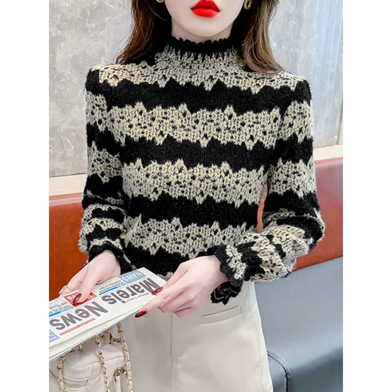 

Velvet Half High Collar Lace Bottom Shirt All Match Elegant Women's Autumn Spring New Style High-end and Stylish Unique Top