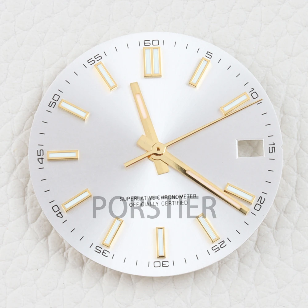 28,5 mm NH35 wijzerplaat voor DATEJUST nh35/nh36 uurwerk, blauwe luminescerende sunburst textuur wijzerplaat, datumvenster, horlogewijzerplaat onderdelen