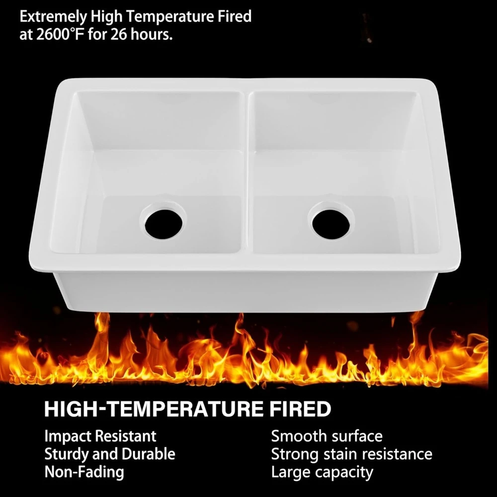 حوض مطبخ أبيض مقاس 32 بوصة - وعاء مزدوج 50/50، قطرة حوض Fireclay Topmount في 32 بوصة × 19 بوصة × 10 بوصة، حامل مزدوج