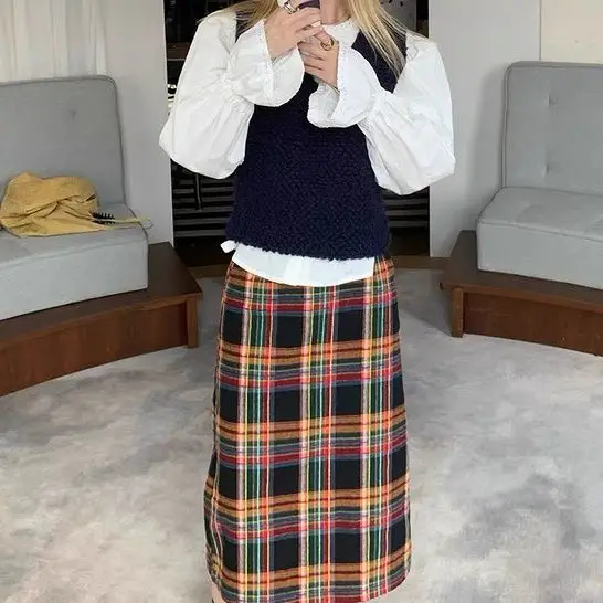 

Fashion Plaid Pleated Skirt Korean Aesthetic Thickening Long Skirts Women Vintage Woolen High Waist Faldas Clothes Pants C112