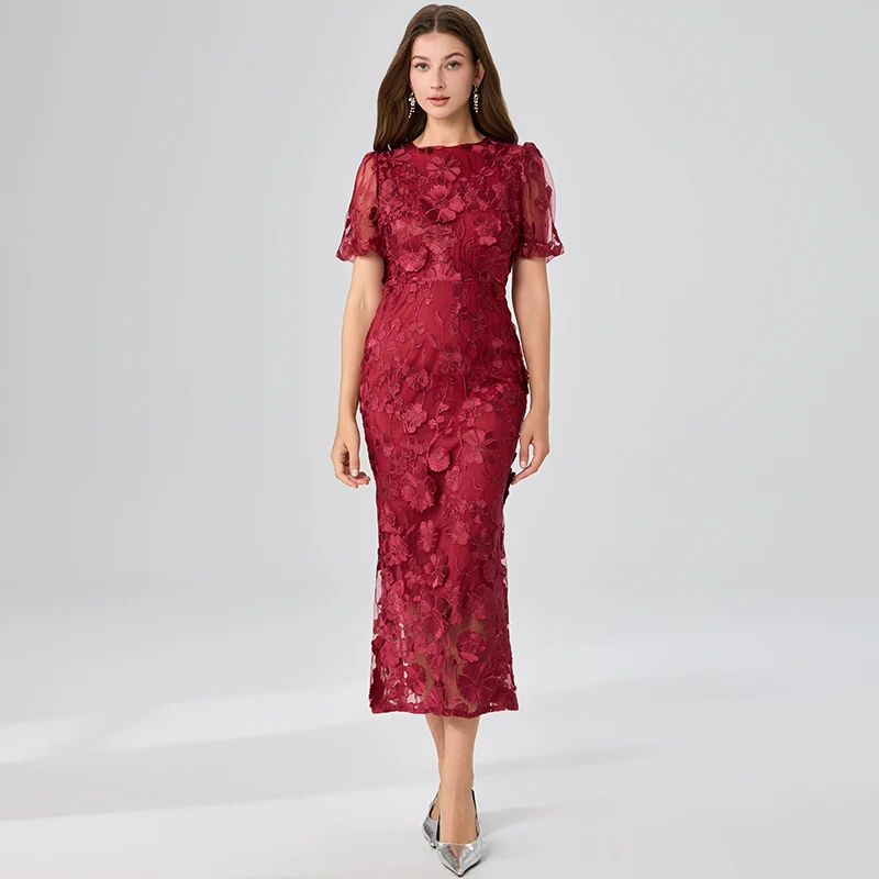 Verão bordado rendas vestido de baile feminino francês luxo 3d flor fishtail manga curta vestidos longos festa bodycon férias vestido