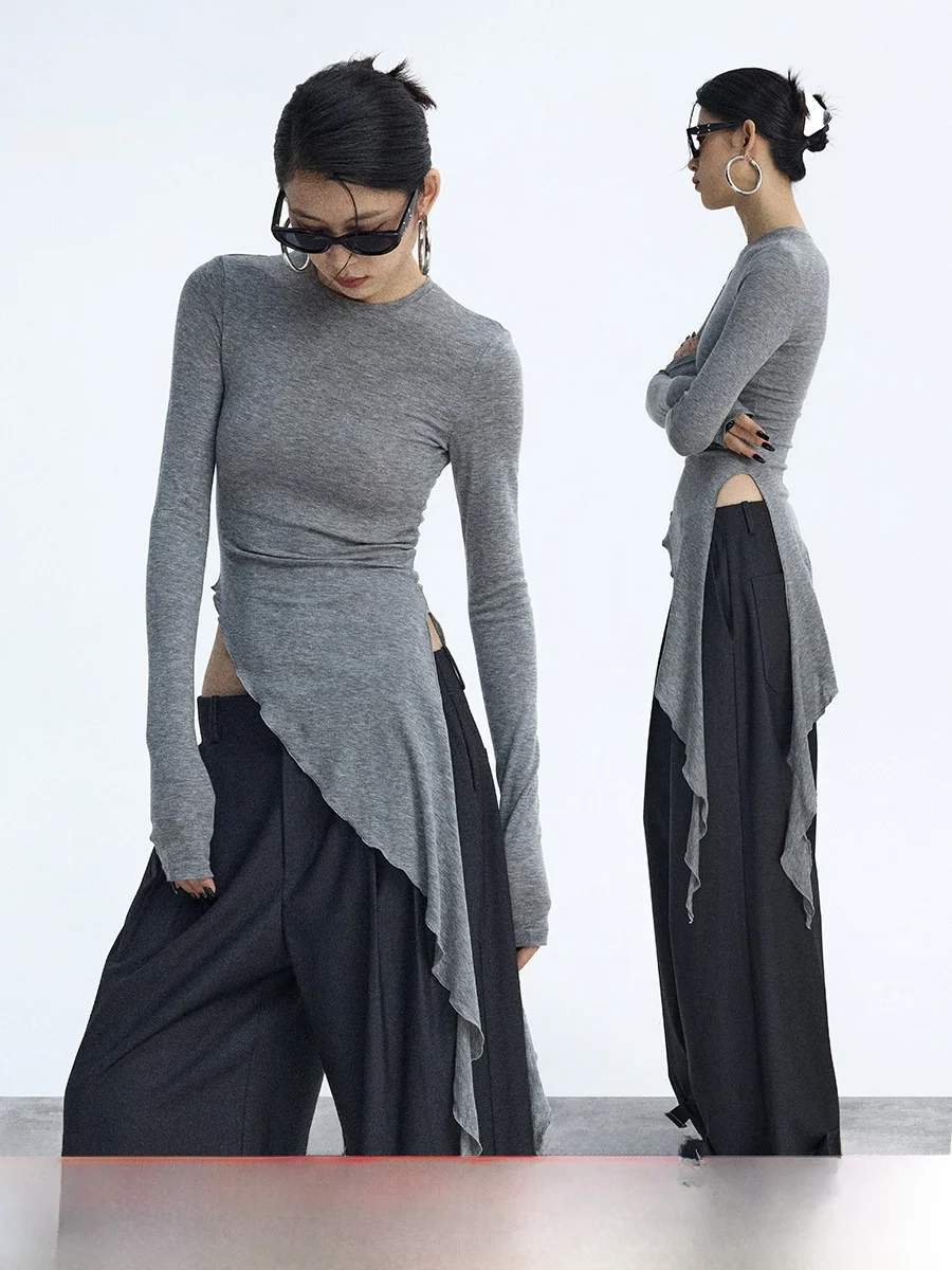 

Ourhour Slim Fit Asymmetrical T-irt Women's Base Layer Top with Wood ain Split Pure Color Rayon ort Sve round Ne