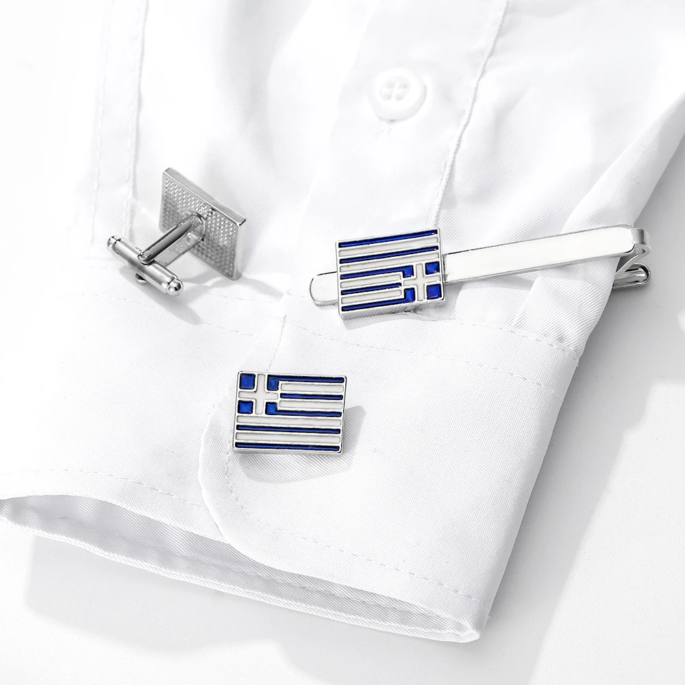 Blue White Flag of Greece Cufflinks&Tie Clip Set Σημαία της Ελλάδας Best Gift For Patriot