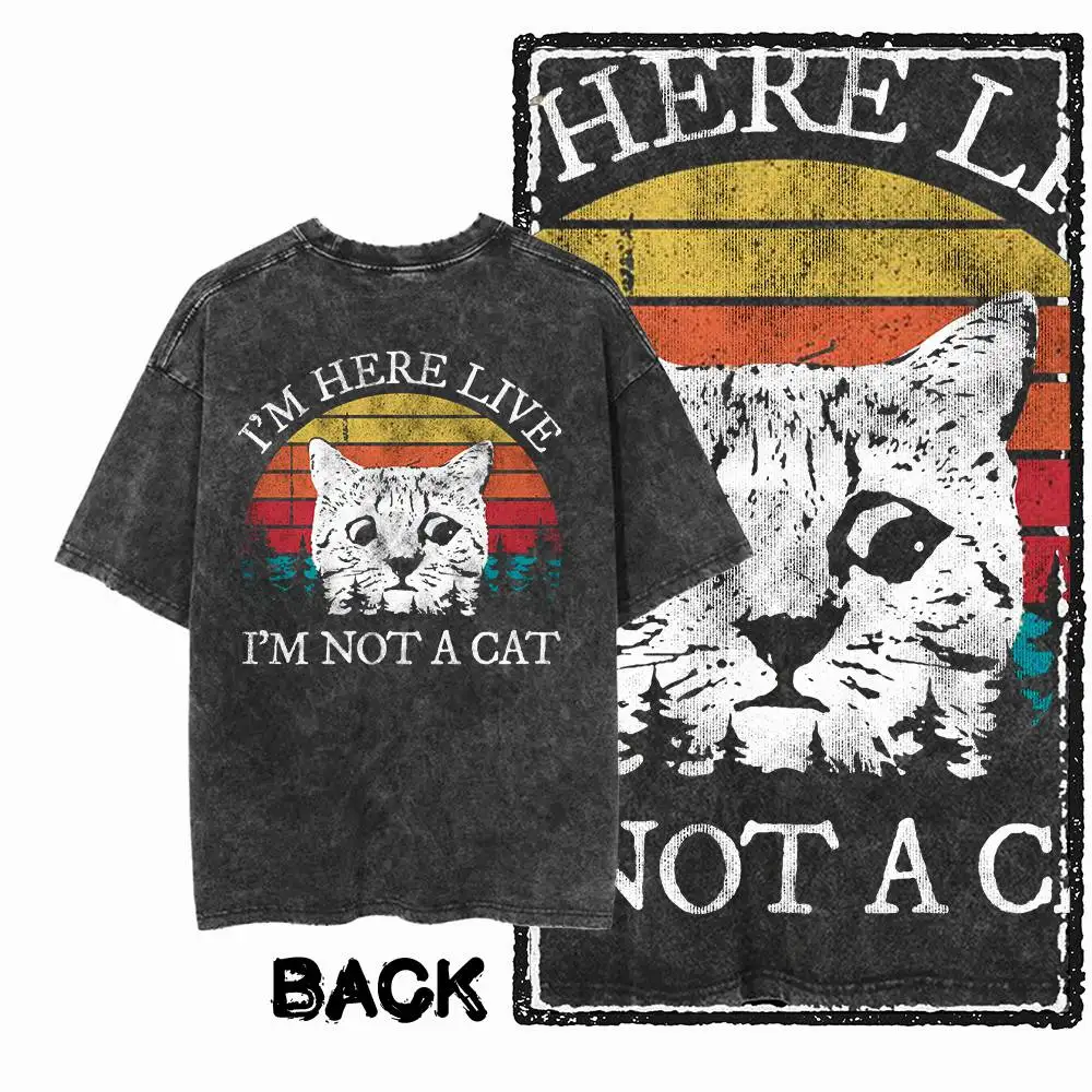 Back Print Cotton Cool Cat Graphic Men T-shirt | Acid Washed  Streetwear Big Size Vintage O-neck men's Tee Tshirt
