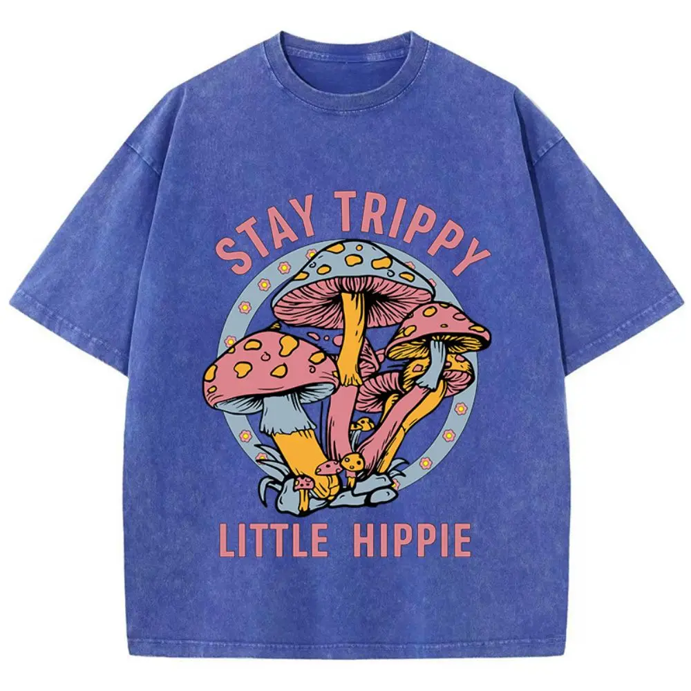 

Summer women's cotton washed T-shirt with small hippie mushroom print on the street loose round neck retro women's clothing