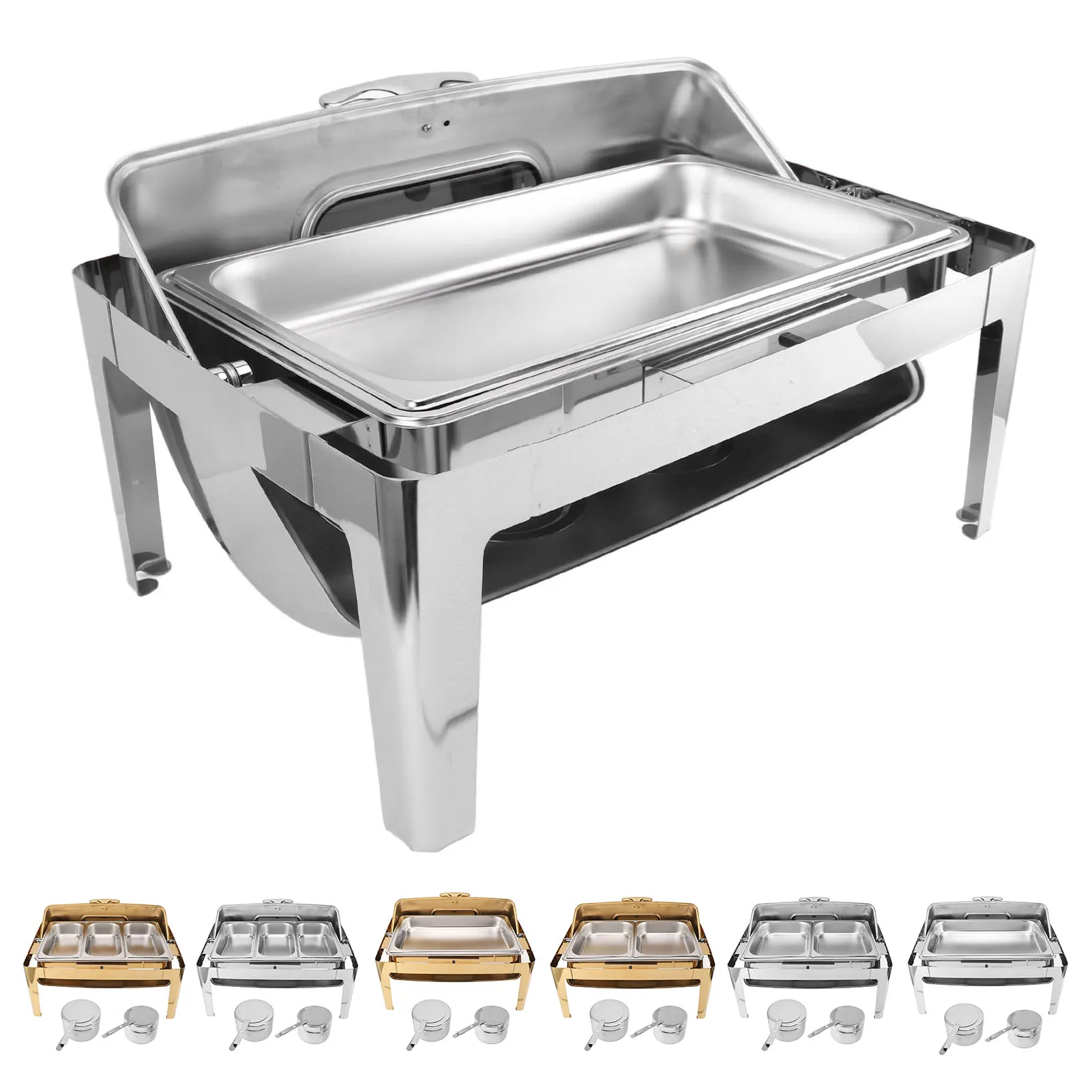 Stainless Steel Chafer Complete Set 9L Capacity Chafing Dish Buffet Set Rectangular Transparent Glass Lid Rustproof for Dining