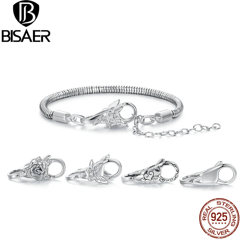 BISAER 100% 925 Sterling Silver Basic Snake Bracelet Butterfly Flower Closure Buckle For DIY Charms Bead Bangle Jewelry Make