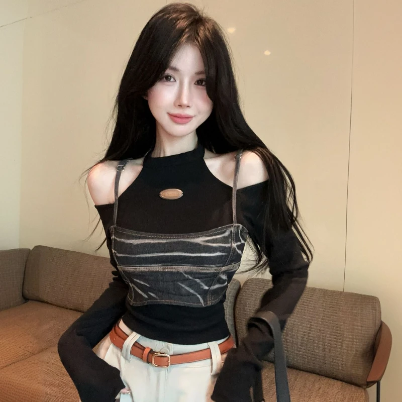 Niche Denim Small Strap Stitching Fake Two-piece Long-sleeved Off-shoulder Halter Neck T-shirt Top for Women